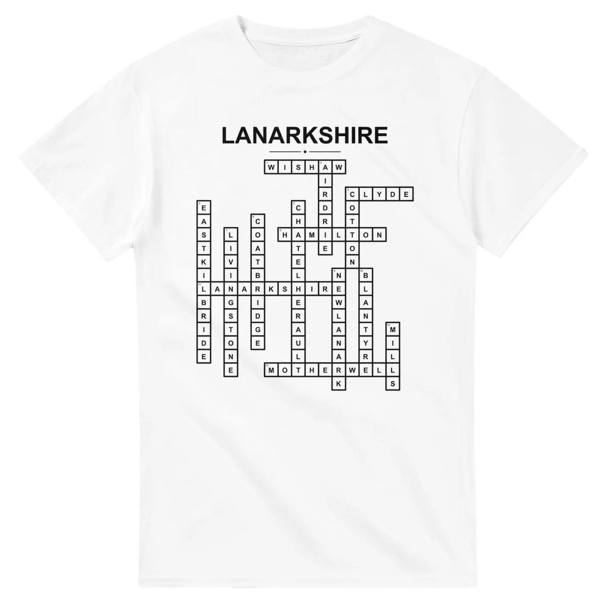 Monochrome crossword sheet for Lanarkshire, with a large place-name heading, a letter grid, and numbered across and down clues.