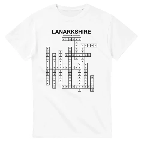 Monochrome crossword sheet for Lanarkshire, with a large place-name heading, a letter grid, and numbered across and down clues.