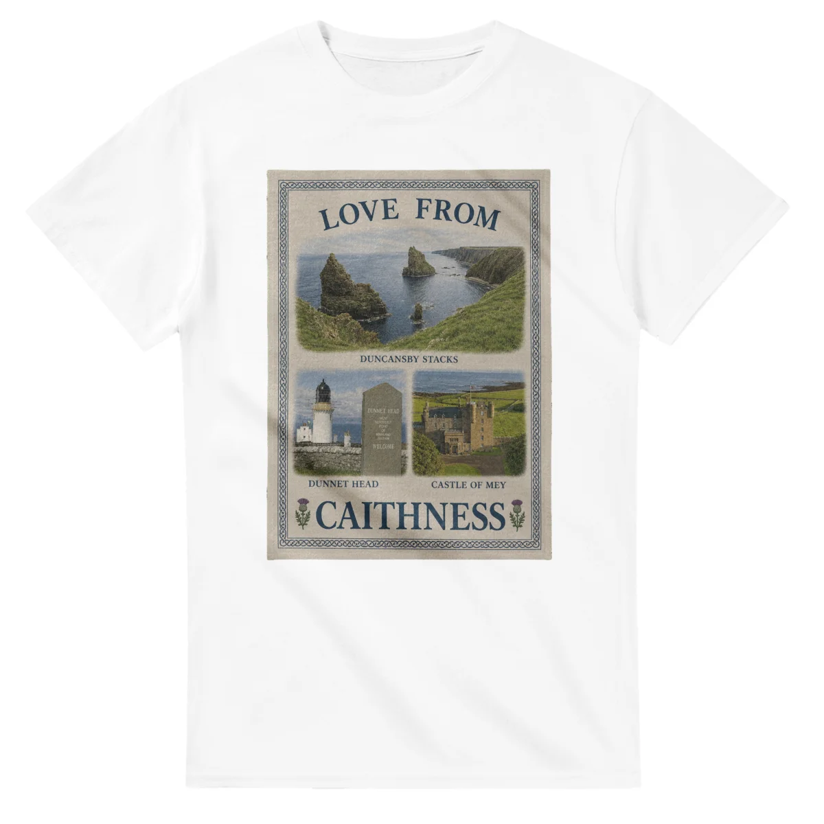 Framed scenic design for Caithness, with several local views, a decorative border and LOVE FROM lettering.