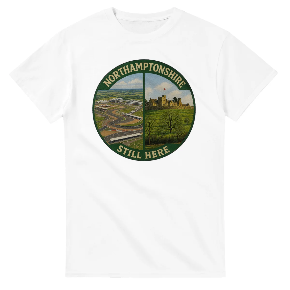 Painted, panelled scenic illustration for Northamptonshire, with paired local scenes and the place name in lettering.