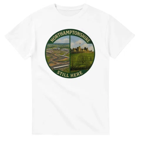 Painted, panelled scenic illustration for Northamptonshire, with paired local scenes and the place name in lettering.