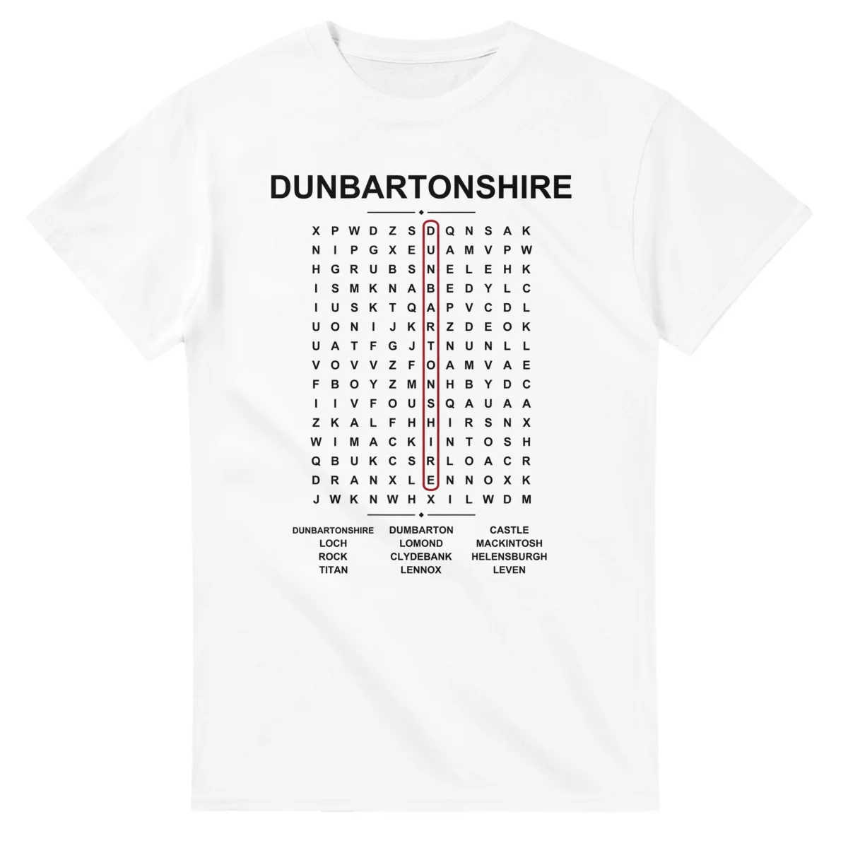 Word-search sheet for Dunbartonshire, with a large place-name heading, a letter grid, a local answer list, and a red highlighted example word.