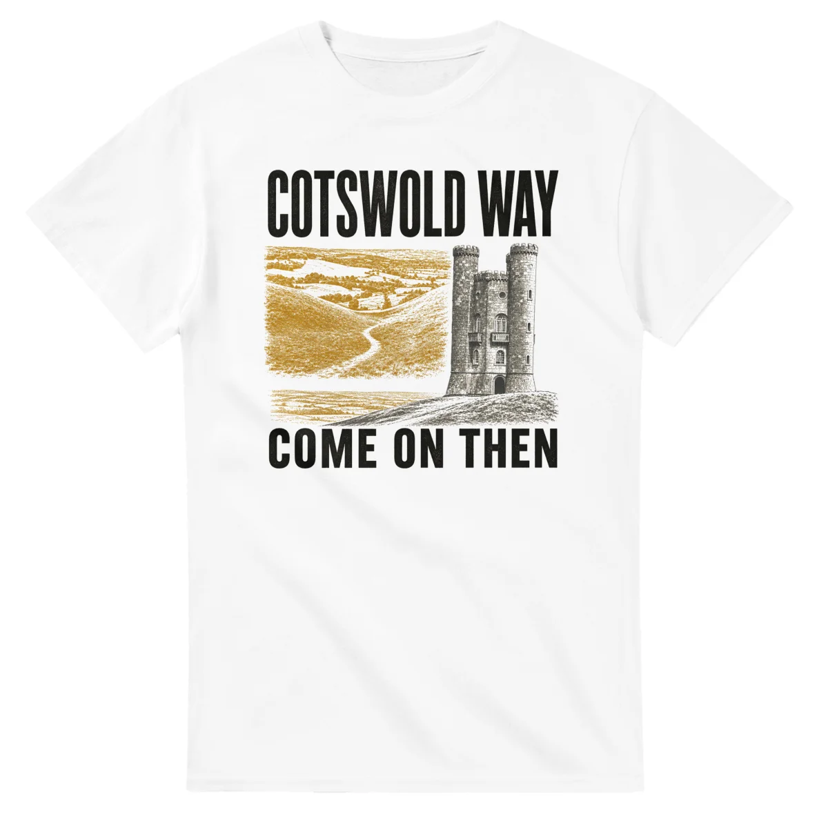 Two-colour scenic illustration for Cotswold Way, with the place name and COME ON THEN lettering.