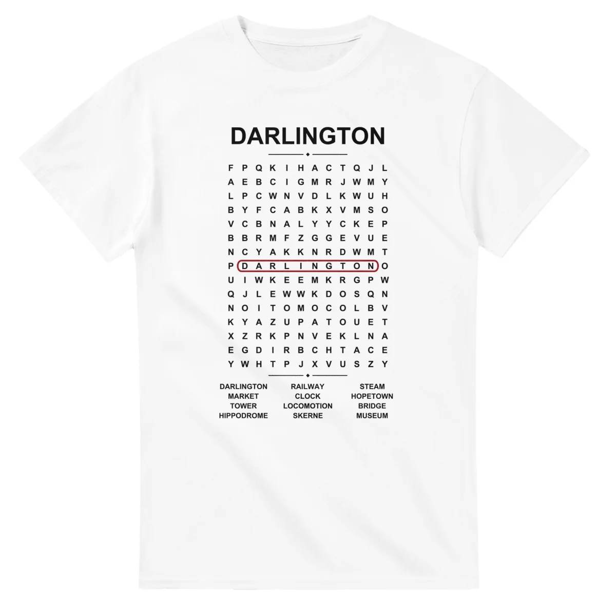 Word-search sheet for Darlington, with a large place-name heading, a letter grid, a local answer list, and a red highlighted example word.