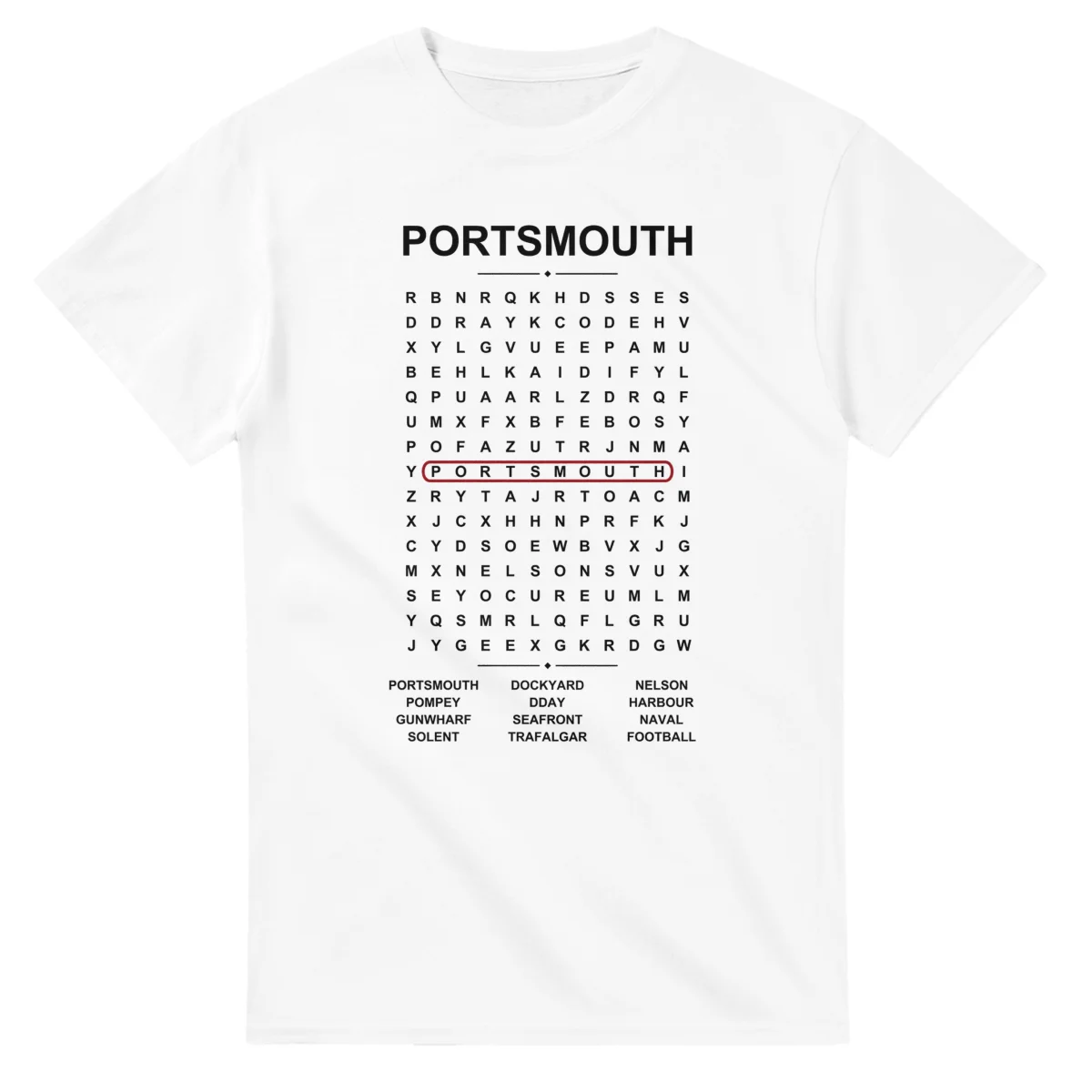 Word-search sheet for Portsmouth, with a large place-name heading, a letter grid, a local answer list, and a red highlighted example word.
