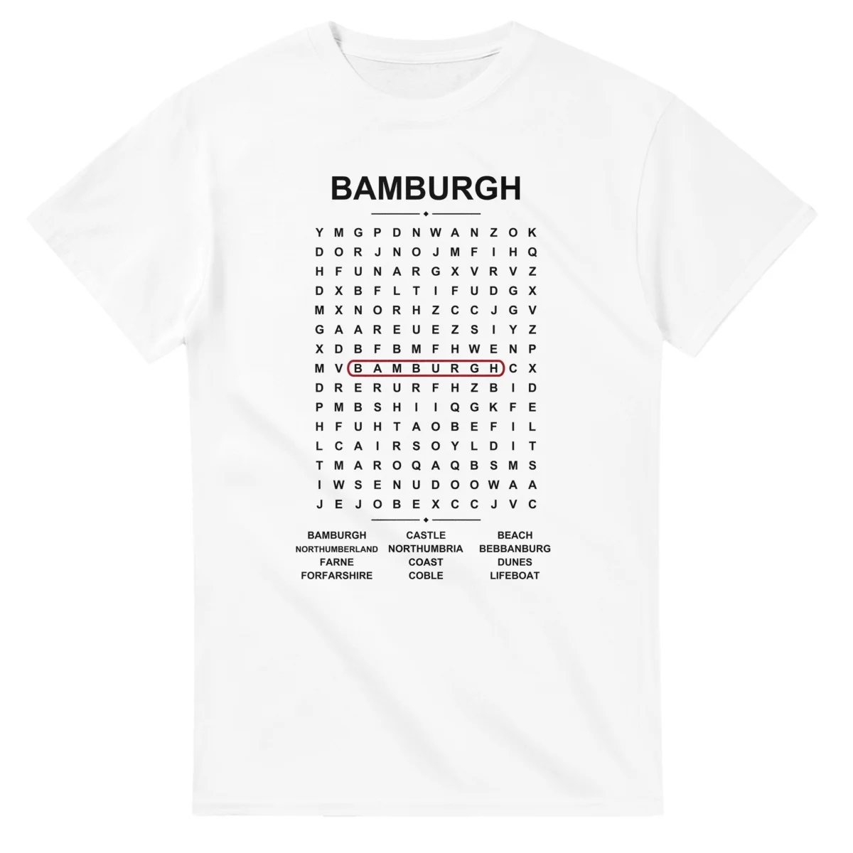 Word-search sheet for Bamburgh, with a large place-name heading, a letter grid, a local answer list, and a red highlighted example word.