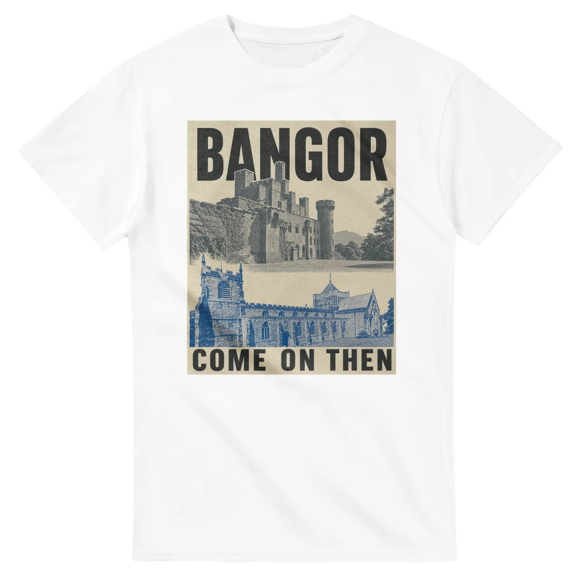 Two-colour scenic illustration for Bangor, with the place name and COME ON THEN lettering.