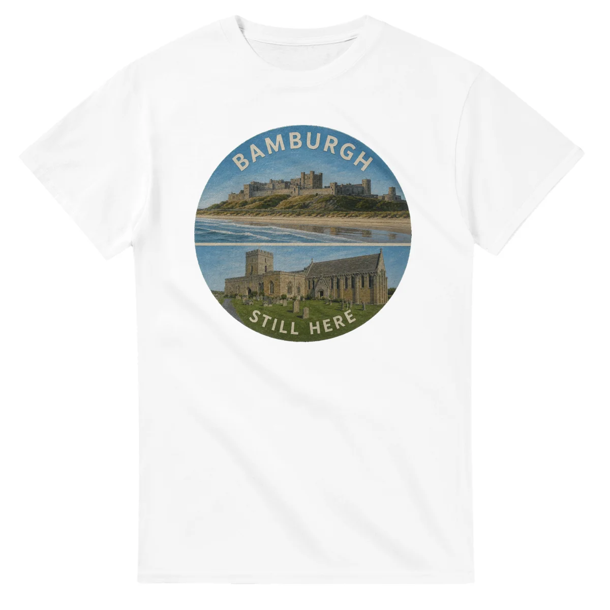 Painted, panelled scenic illustration for Bamburgh, with paired local scenes and the place name in lettering.