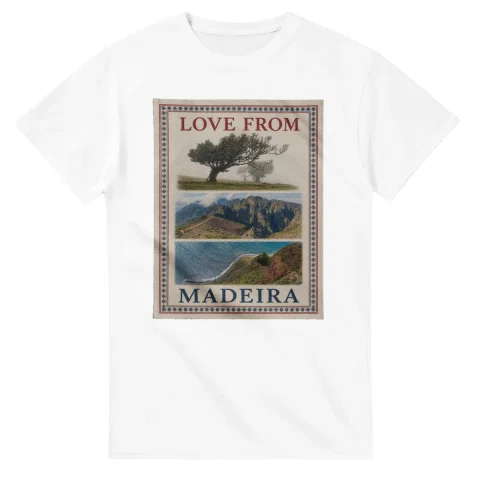 Framed scenic design for Madeira, with several local views, a decorative border and LOVE FROM lettering.