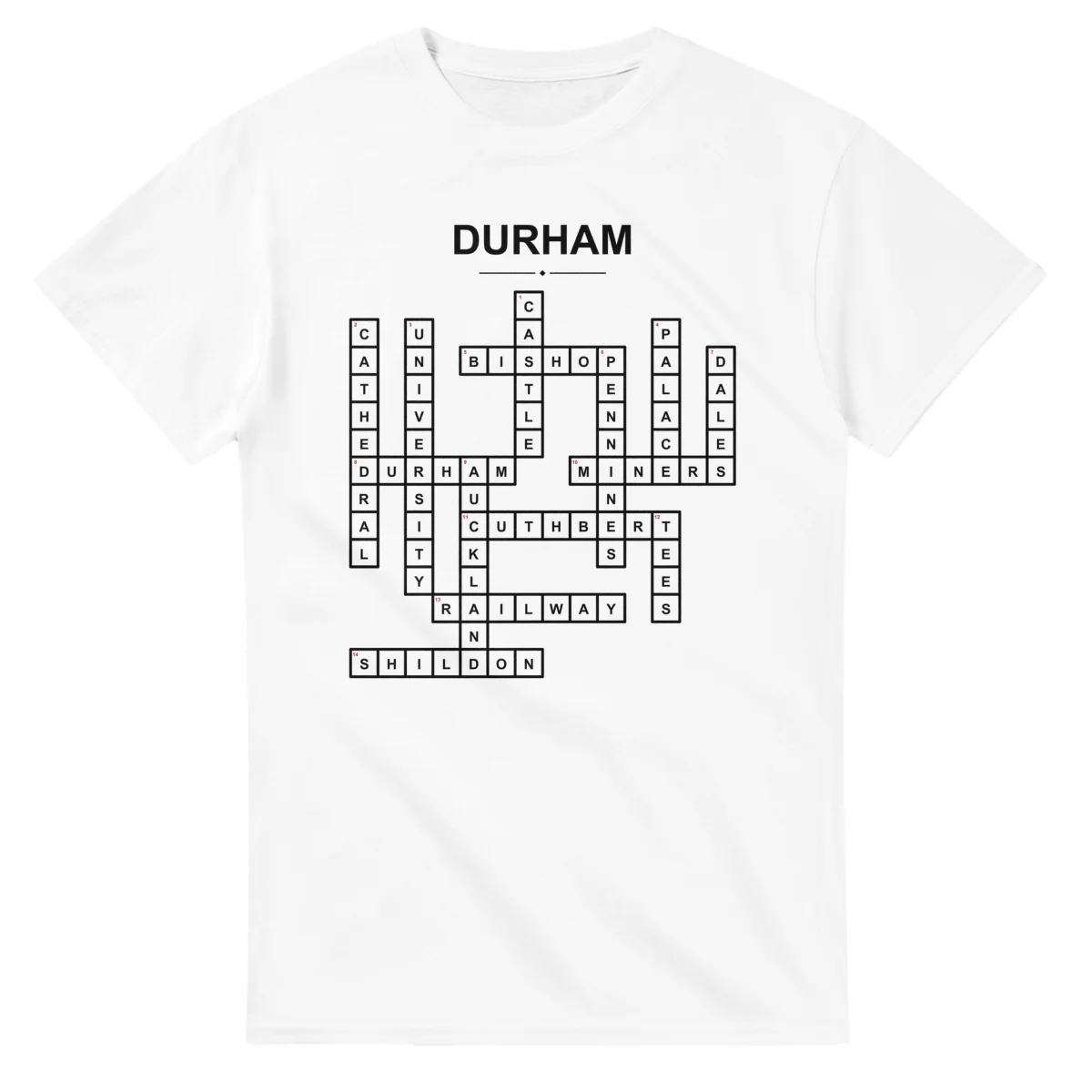 Monochrome crossword sheet for County Durham, with a large place-name heading, a letter grid, and numbered across and down clues.