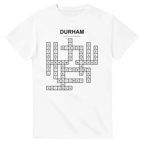Monochrome crossword sheet for County Durham, with a large place-name heading, a letter grid, and numbered across and down clues.