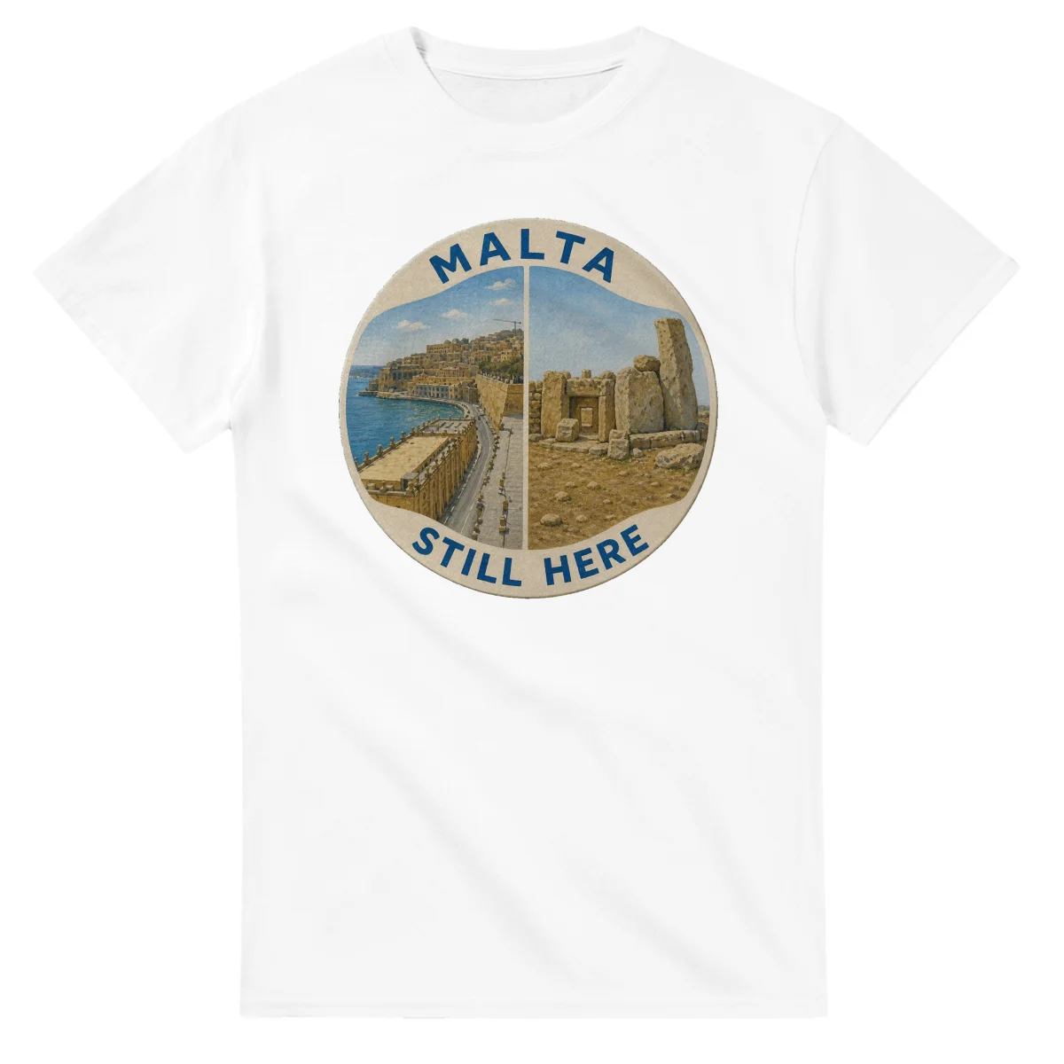 Painted, panelled scenic illustration for Malta, with paired local scenes and the place name in lettering.