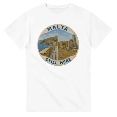 Painted, panelled scenic illustration for Malta, with paired local scenes and the place name in lettering.