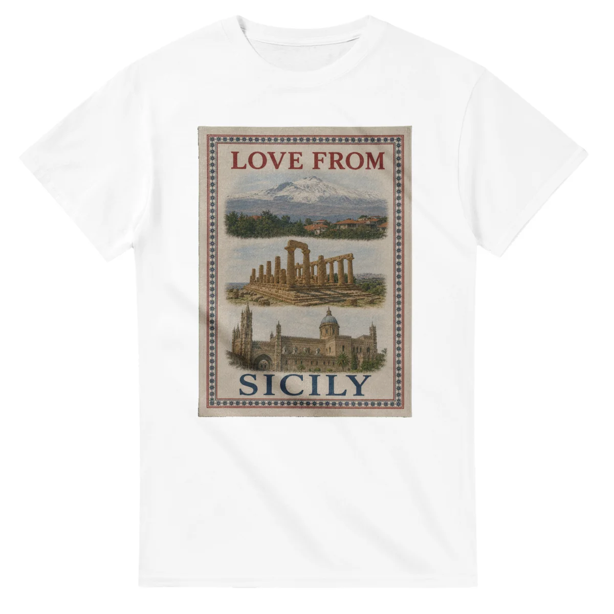 Framed scenic design for Sicily, with several local views, a decorative border and LOVE FROM lettering.