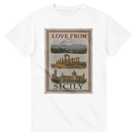 Framed scenic design for Sicily, with several local views, a decorative border and LOVE FROM lettering.