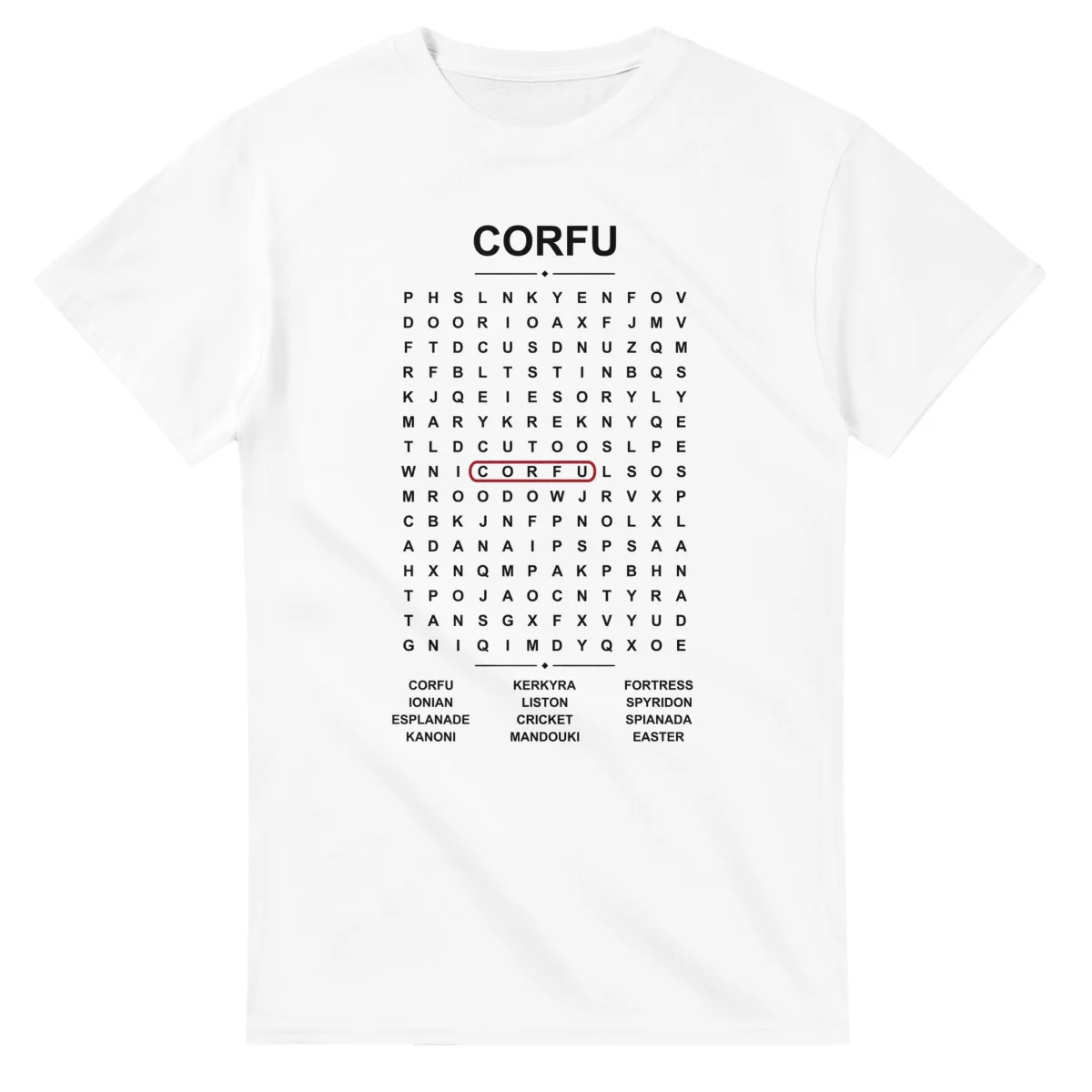 Word-search sheet for Corfu, with a large place-name heading, a letter grid, a local answer list, and a red highlighted example word.