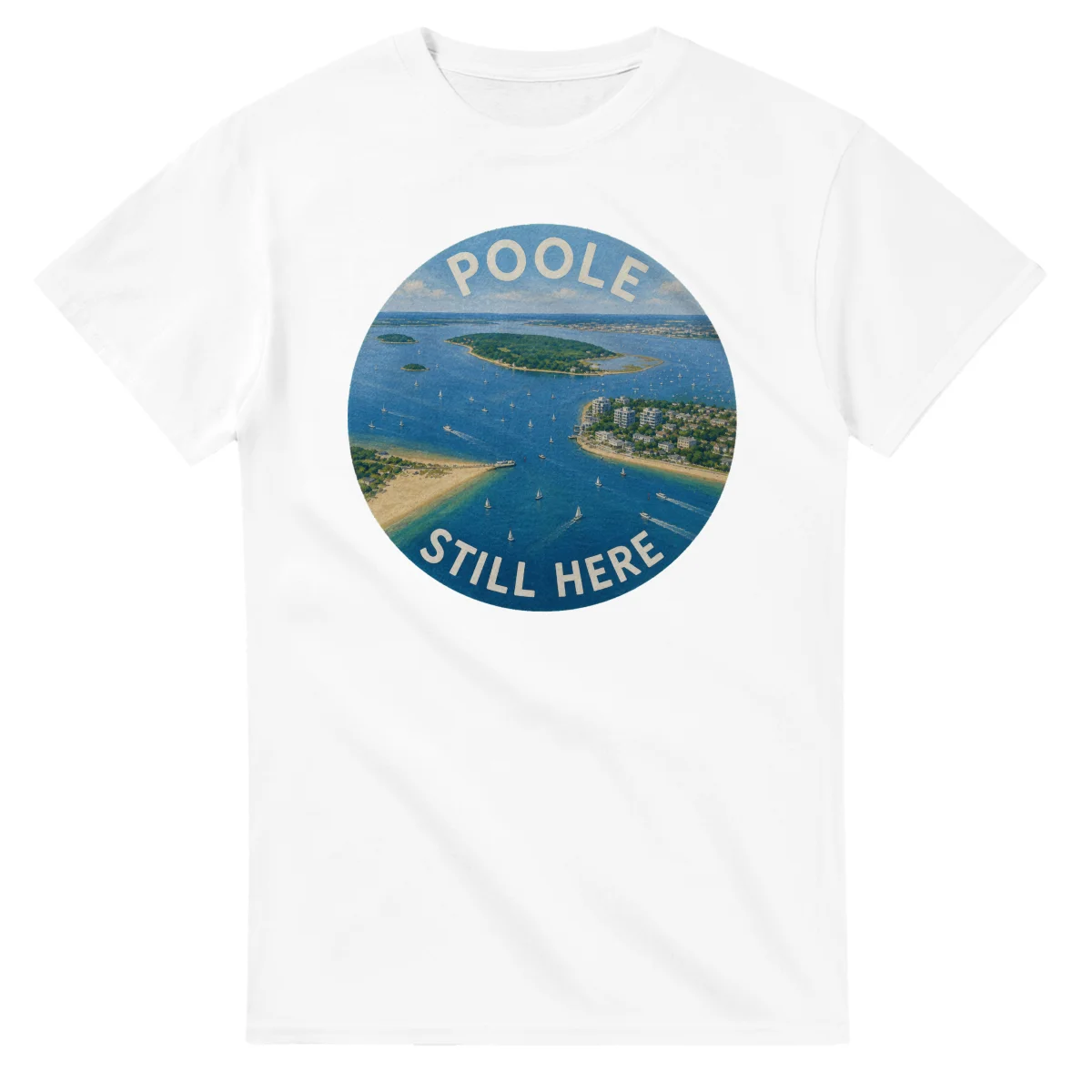 Painted, panelled scenic illustration for Poole, with paired local scenes and the place name in lettering.