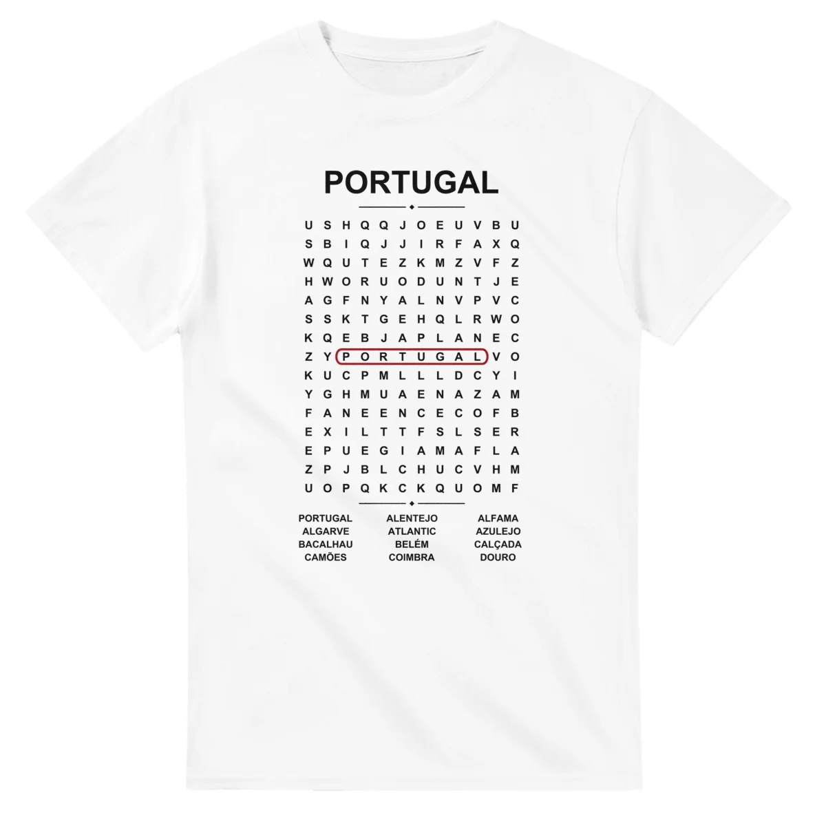 Word-search sheet for Portugal, with a large place-name heading, a letter grid, a local answer list, and a red highlighted example word.