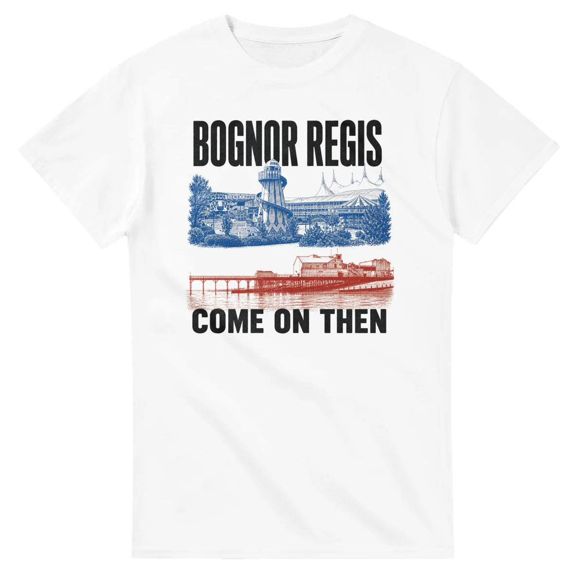 Two-colour scenic illustration for Bognor Regis, with the place name and COME ON THEN lettering.