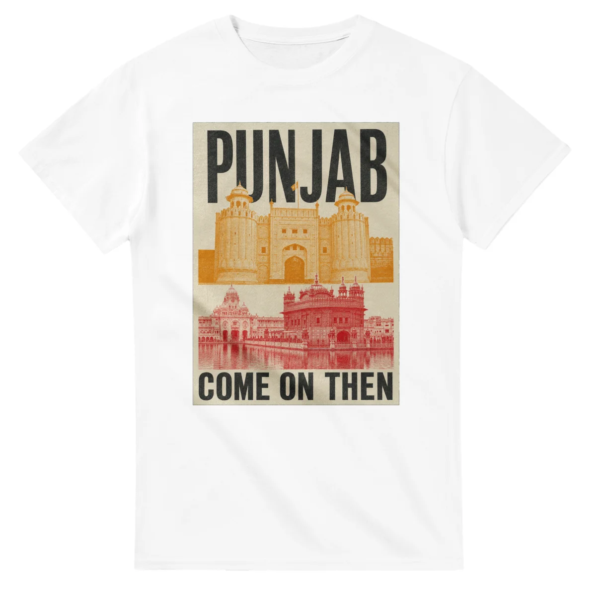 Two-colour scenic illustration for Punjab, with the place name and COME ON THEN lettering.