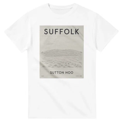 Fine-line engraving-style drawing for Suffolk, with a landmark caption and small coordinate text.
