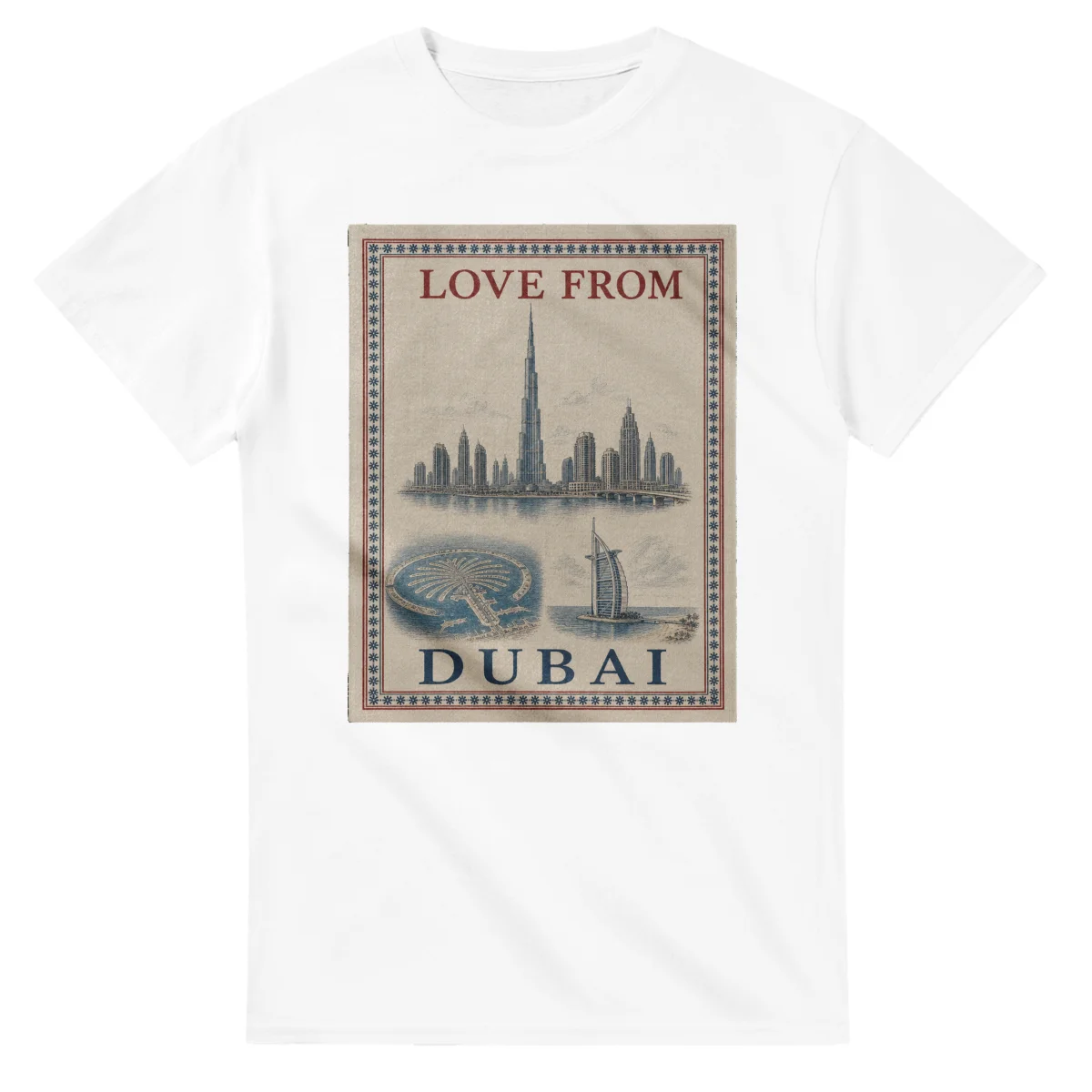 Framed scenic design for Dubai, with several local views, a decorative border and LOVE FROM lettering.