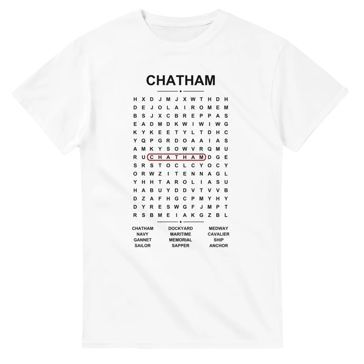 Word-search sheet for Chatham, with a large place-name heading, a letter grid, a local answer list, and a red highlighted example word.
