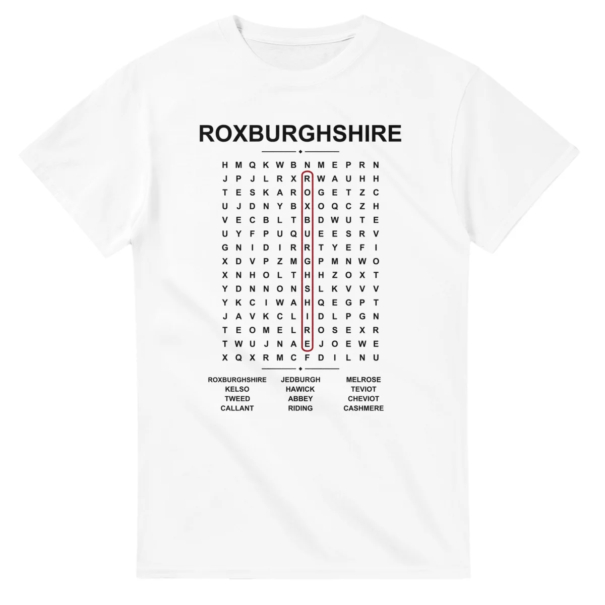 Word-search sheet for Roxburghshire, with a large place-name heading, a letter grid, a local answer list, and a red highlighted example word.
