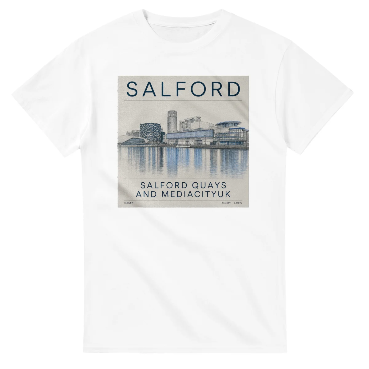 Fine-line engraving-style drawing for Salford, with a landmark caption and small coordinate text.