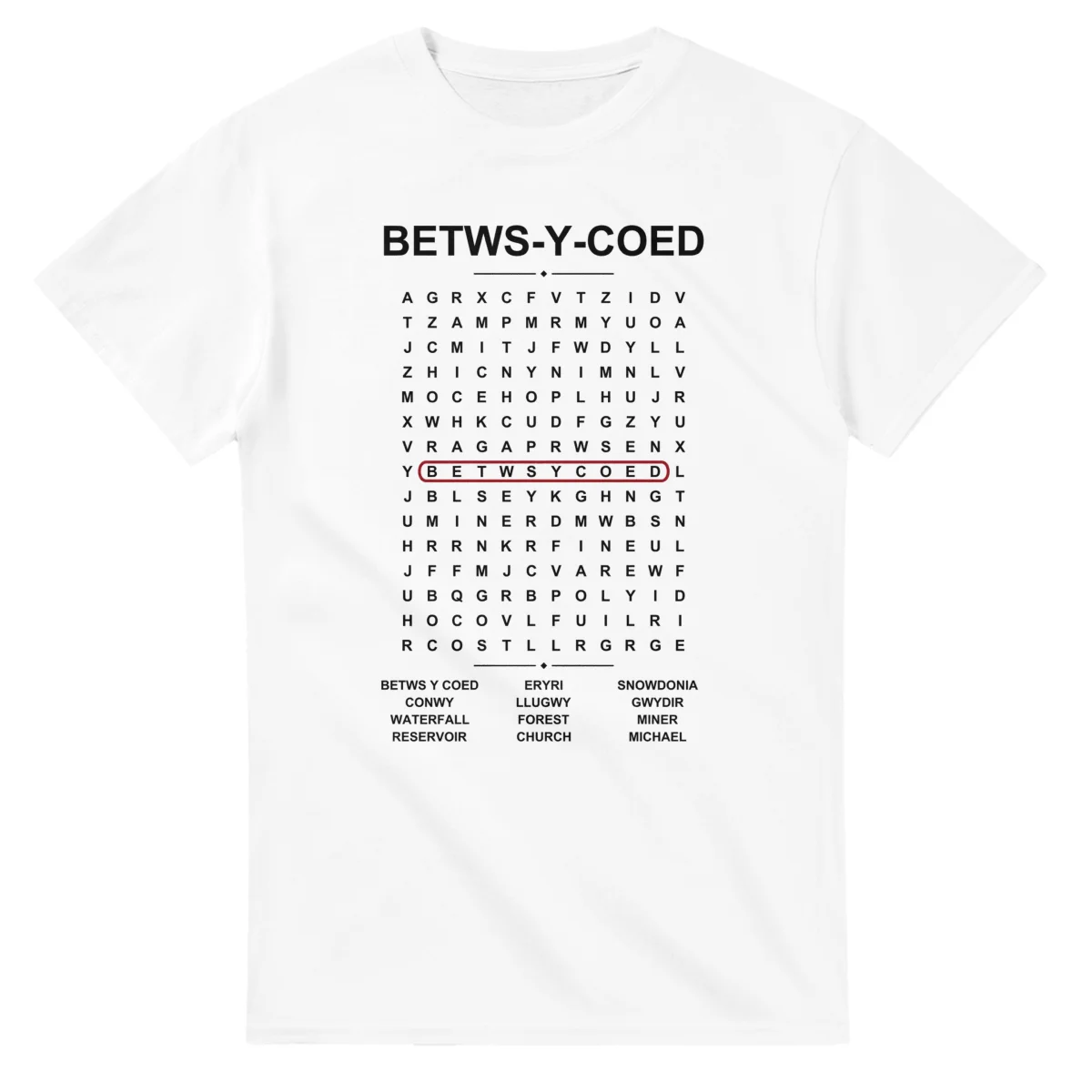 Word-search sheet for Betws-y-Coed, with a large place-name heading, a letter grid, a local answer list, and a red highlighted example word.