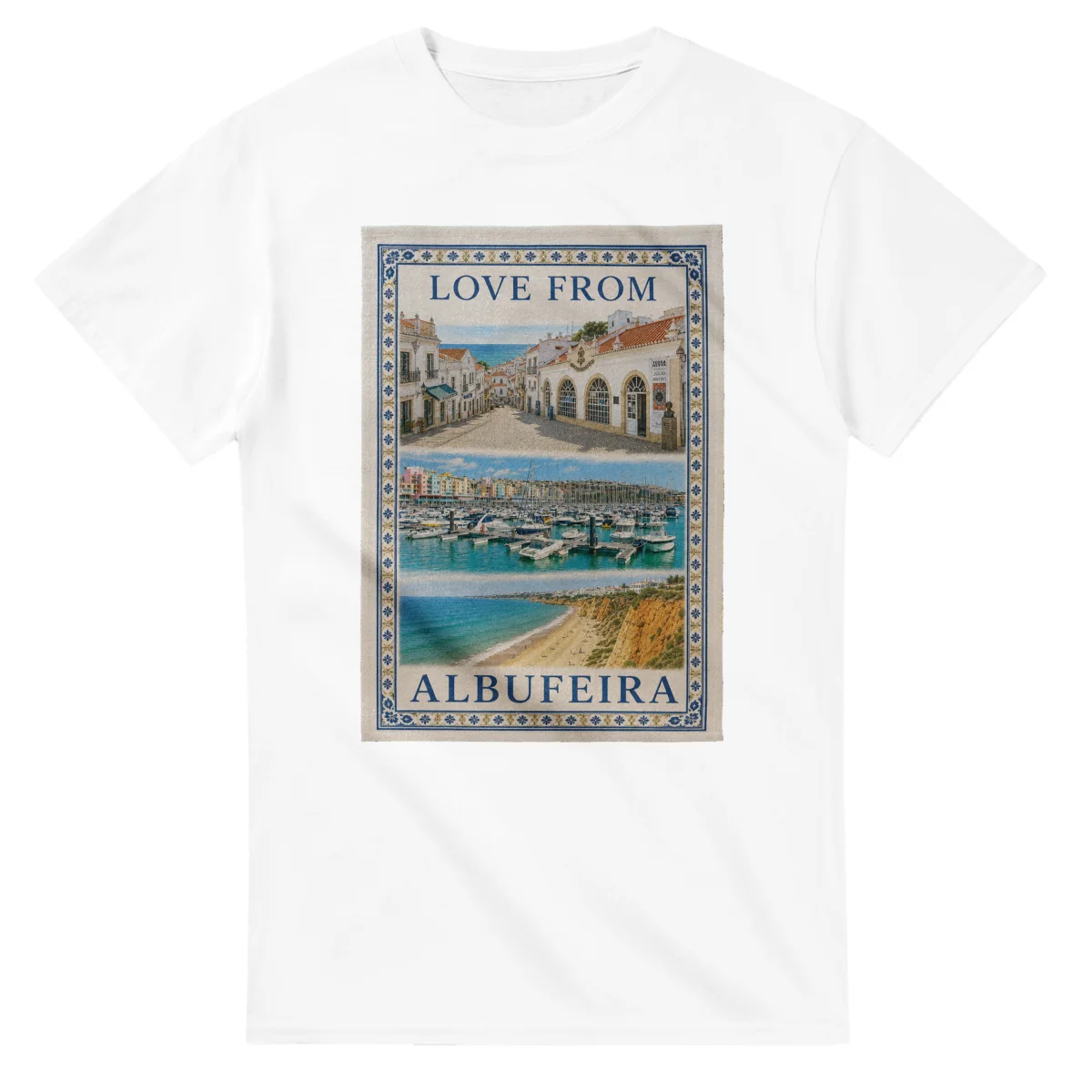 Framed scenic design for Albufeira, with several local views, a decorative border and LOVE FROM lettering.