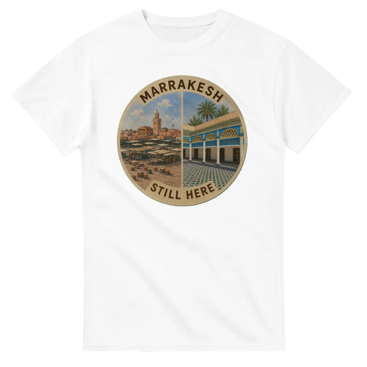 Painted, panelled scenic illustration for Marrakesh, with paired local scenes and the place name in lettering.