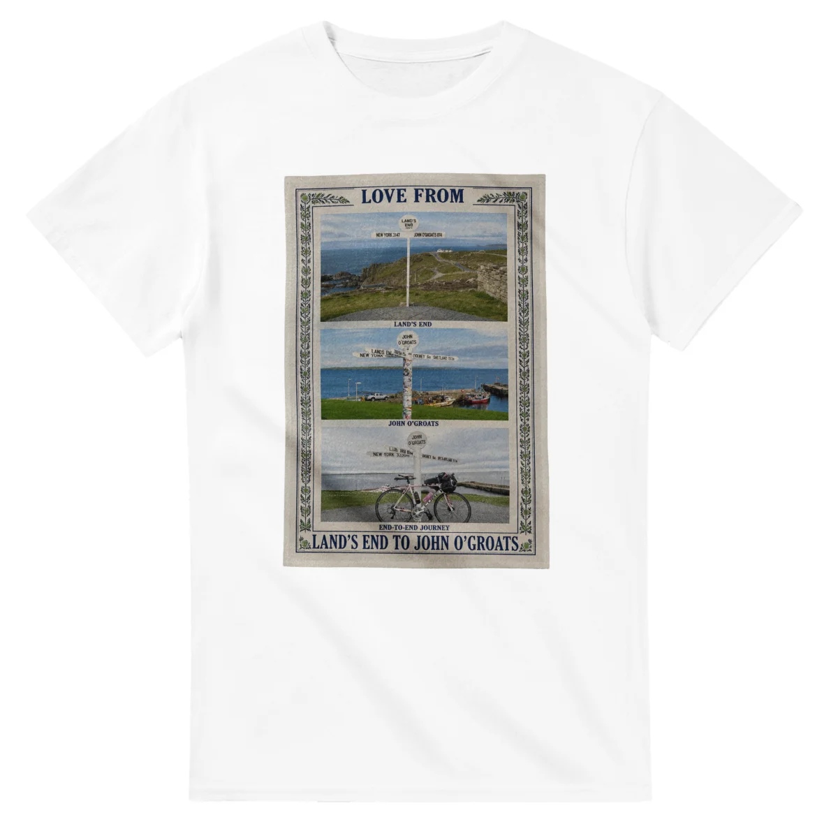 Framed scenic design for Land’s End to John o’ Groats, with several local views, a decorative border and LOVE FROM lettering.