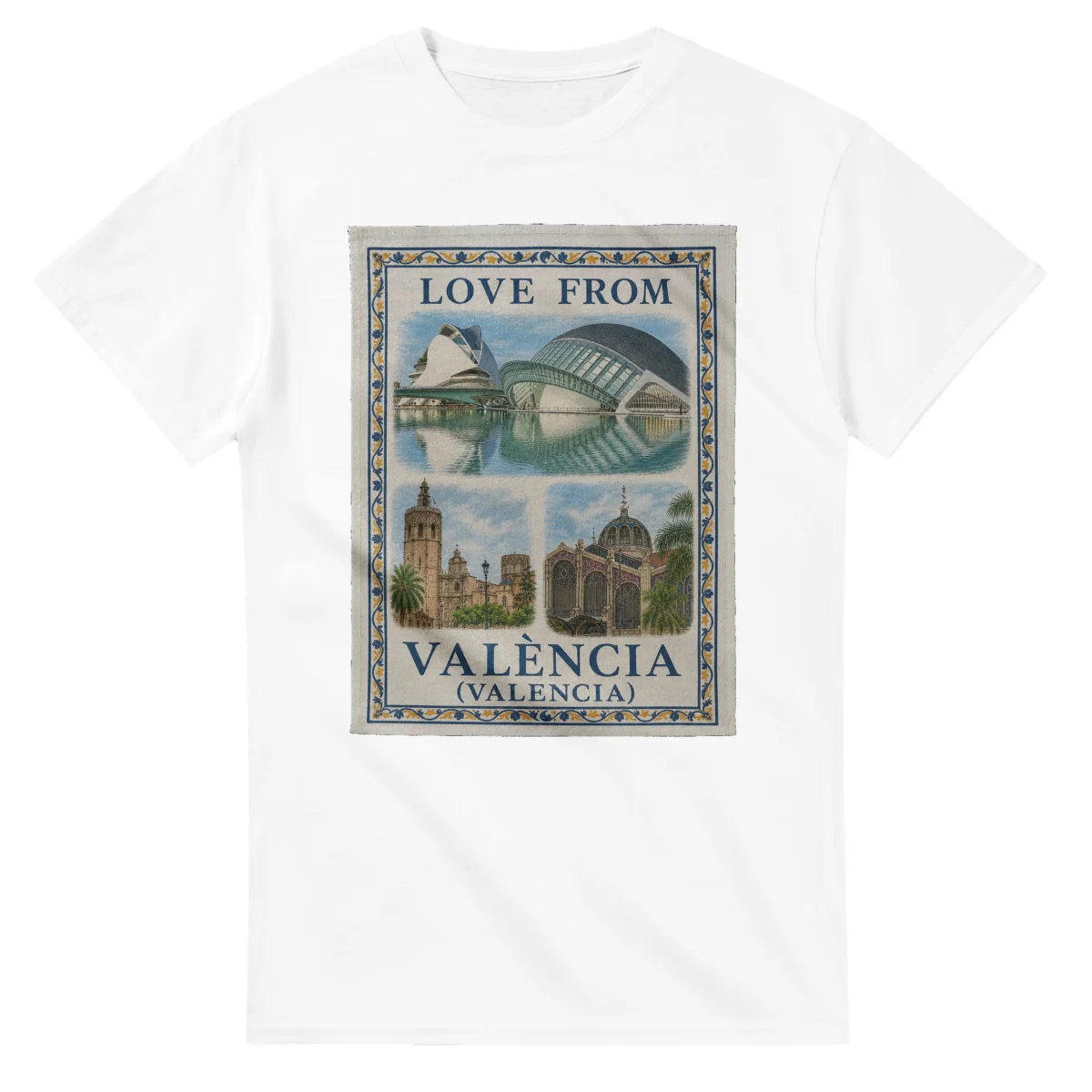 Framed scenic design for València (Valencia), with several local views, a decorative border and LOVE FROM lettering.