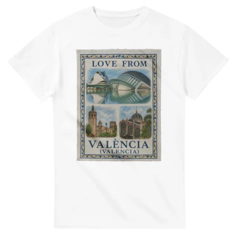Framed scenic design for València (Valencia), with several local views, a decorative border and LOVE FROM lettering.