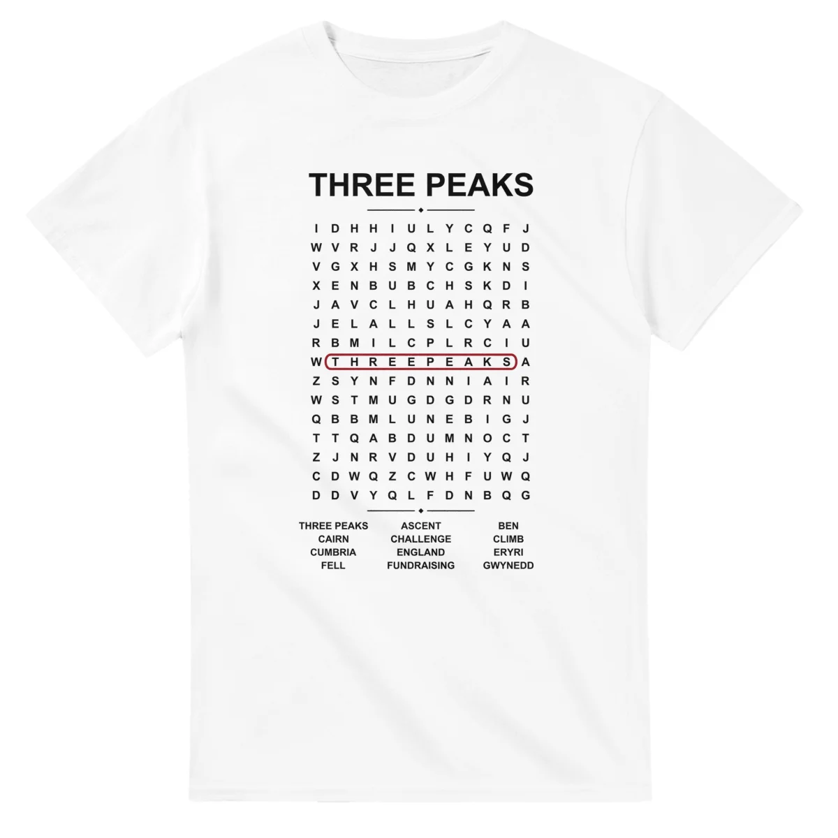 Word-search sheet for Three Peaks, with a large place-name heading, a letter grid, a local answer list, and a red highlighted example word.