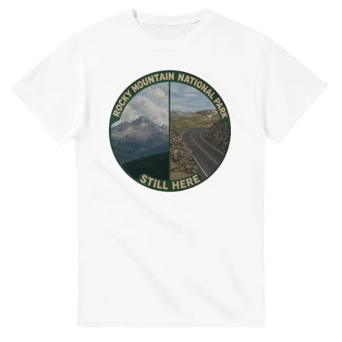 Painted, panelled scenic illustration for Rocky Mountain National Park, with paired local scenes and the place name in lettering.
