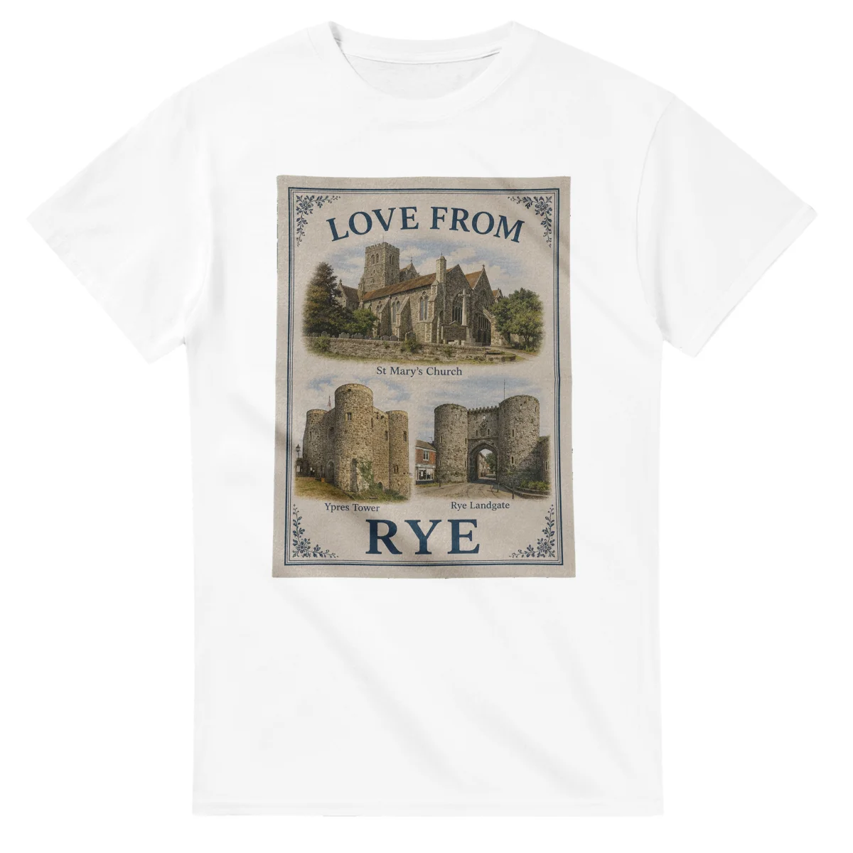 Framed scenic design for Rye, with several local views, a decorative border and LOVE FROM lettering.