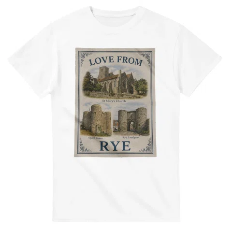 Framed scenic design for Rye, with several local views, a decorative border and LOVE FROM lettering.
