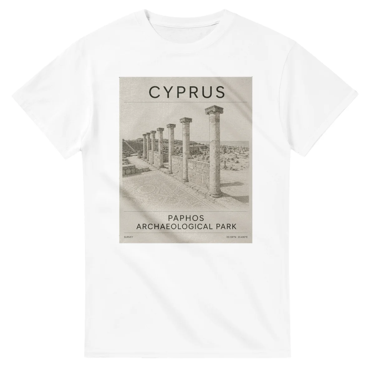 Fine-line engraving-style drawing for Cyprus, with a landmark caption and small coordinate text.
