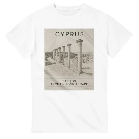 Fine-line engraving-style drawing for Cyprus, with a landmark caption and small coordinate text.