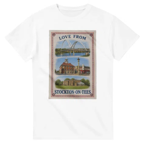 Framed scenic design for Stockton-on-Tees, with several local views, a decorative border and LOVE FROM lettering.