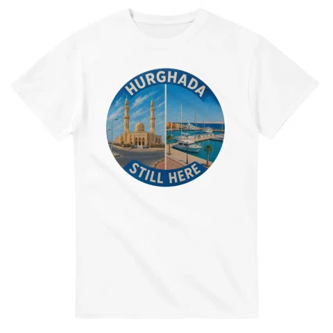 Painted, panelled scenic illustration for Hurghada, with paired local scenes and the place name in lettering.