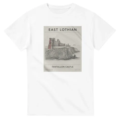 Fine-line engraving-style drawing for East Lothian, with a landmark caption and small coordinate text.