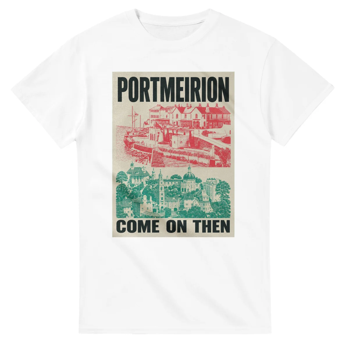 Two-colour scenic illustration for Portmeirion, with the place name and COME ON THEN lettering.