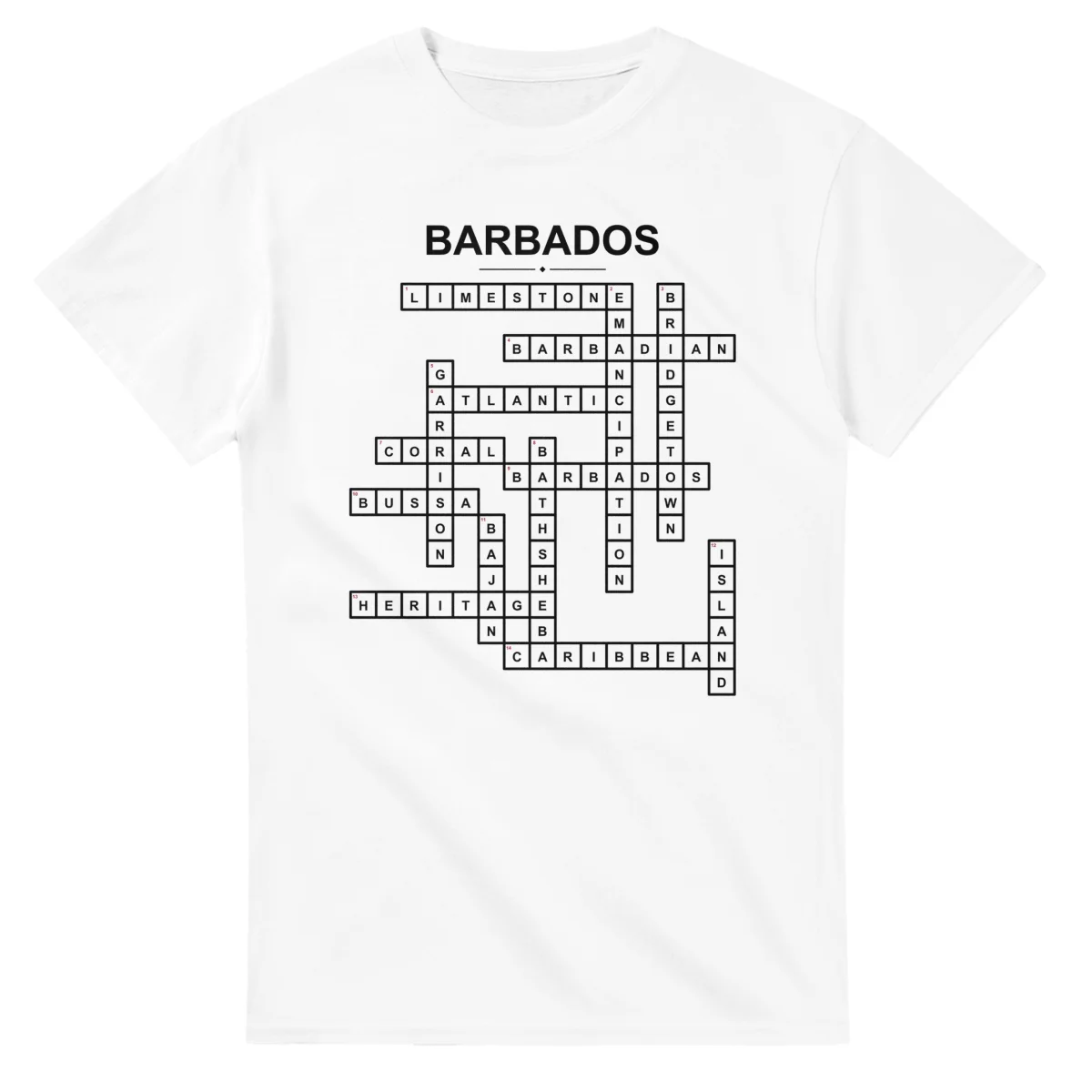 Monochrome crossword sheet for Barbados, with a large place-name heading, a letter grid, and numbered across and down clues.