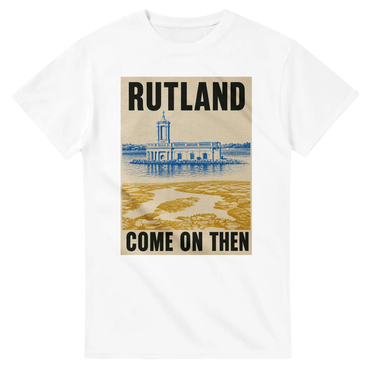 Two-colour scenic illustration for Rutland, with the place name and COME ON THEN lettering.