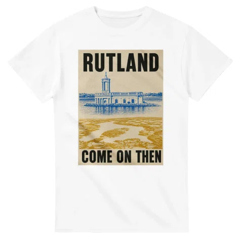 Two-colour scenic illustration for Rutland, with the place name and COME ON THEN lettering.