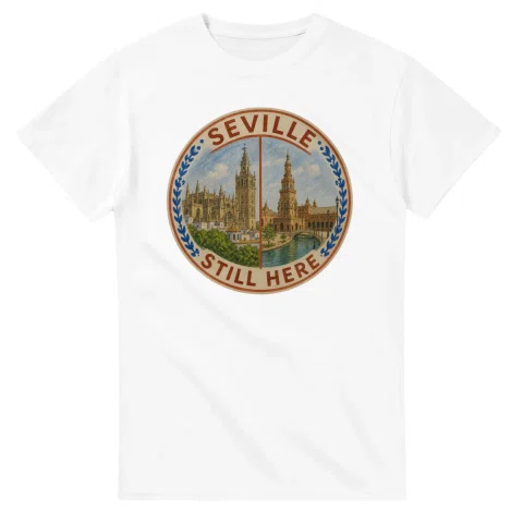 Painted, panelled scenic illustration for Seville, with paired local scenes and the place name in lettering.