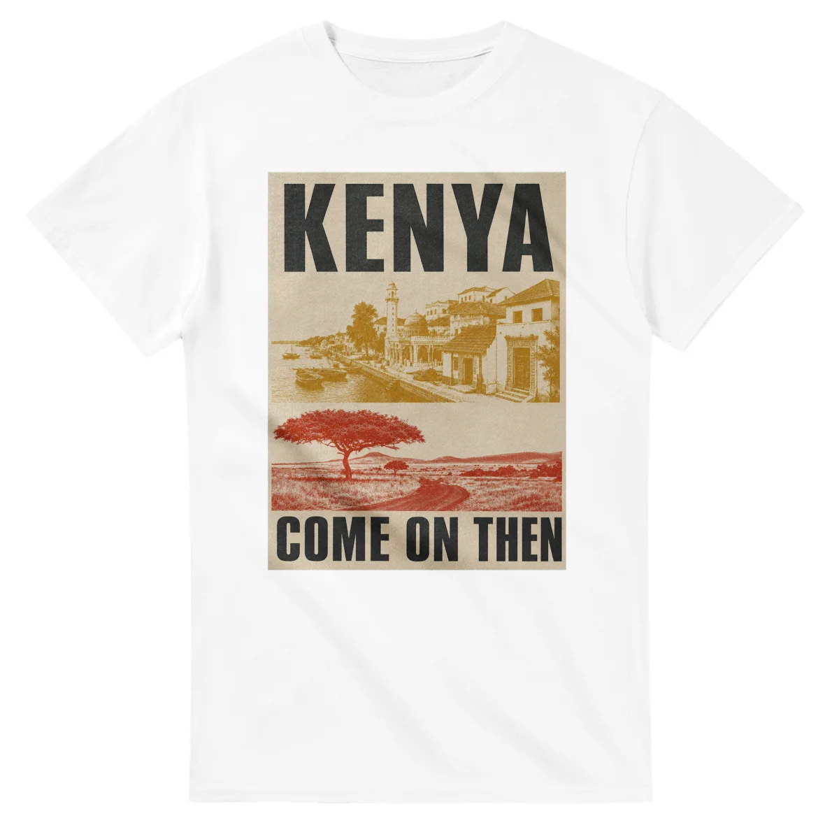 Two-colour scenic illustration for Kenya, with the place name and COME ON THEN lettering.